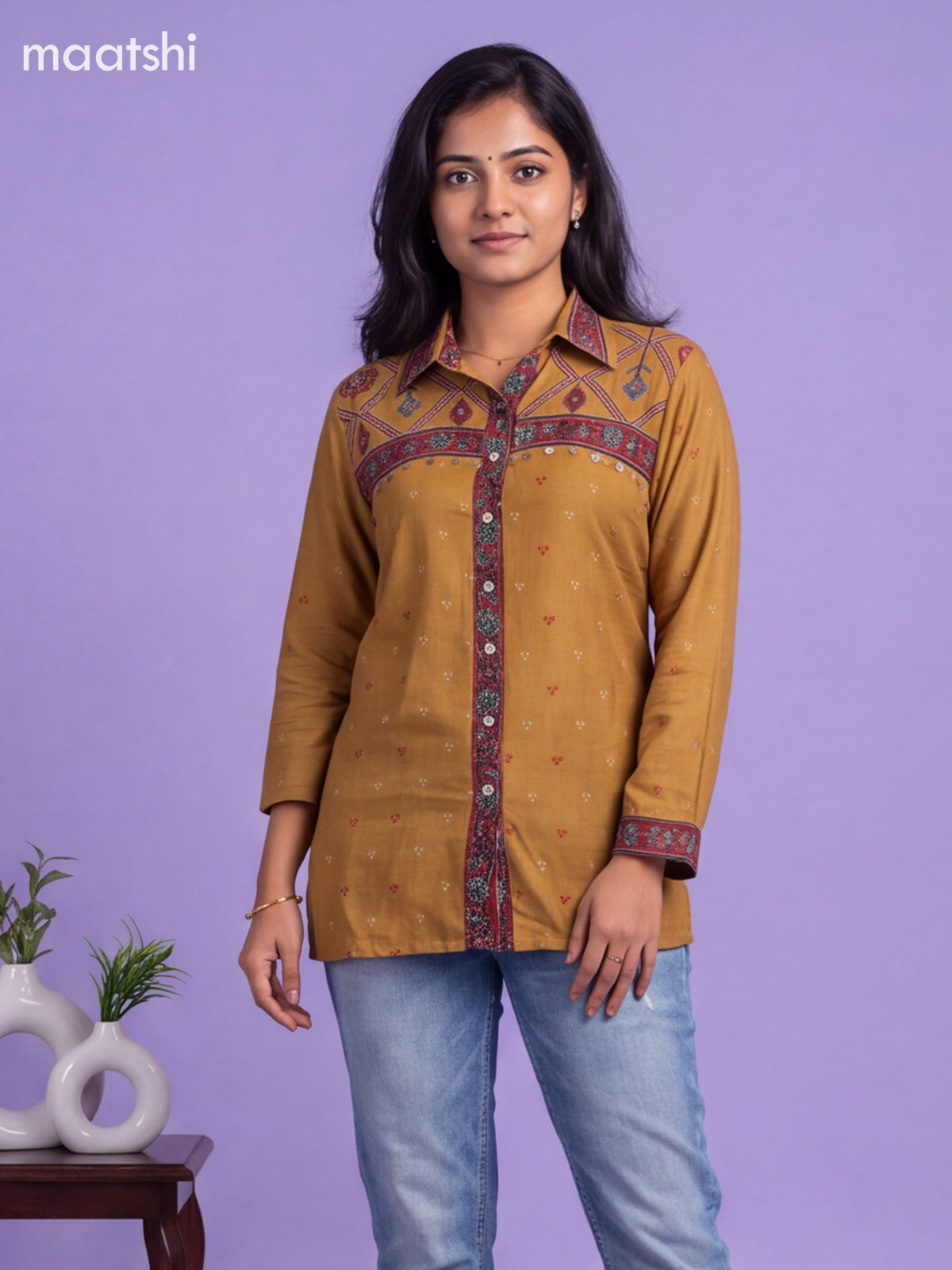 Dark Mustard Crepe Silk Printed Women Shirt