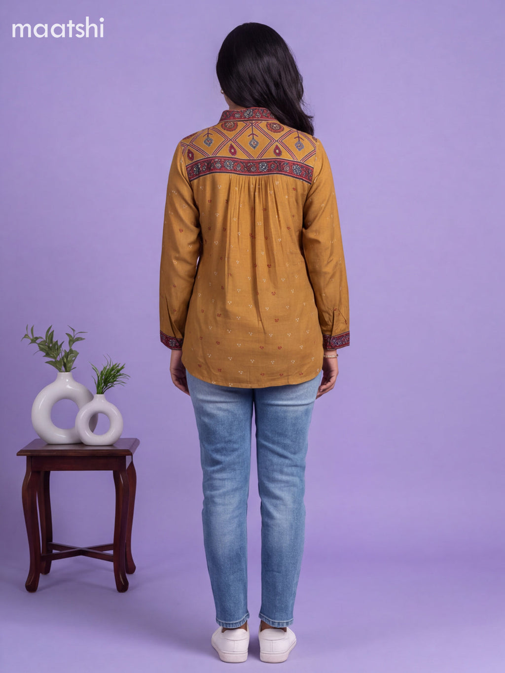 Dark Mustard Crepe Silk Printed Women Shirt