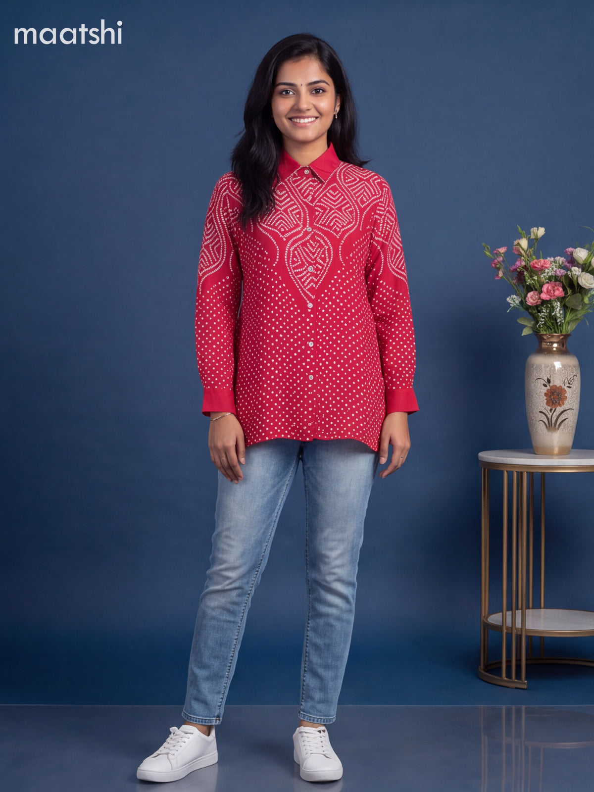 Reddish Pink Crepe Silk With Bandhani Printed Women Shirt