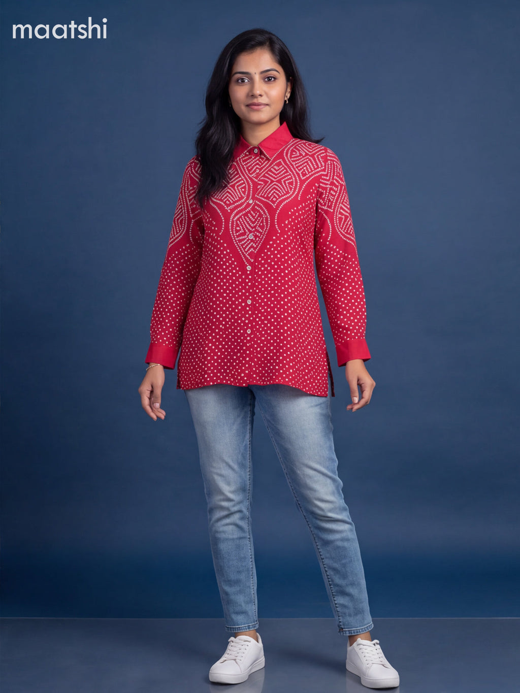 Reddish Pink Crepe Silk With Bandhani Printed Women Shirt