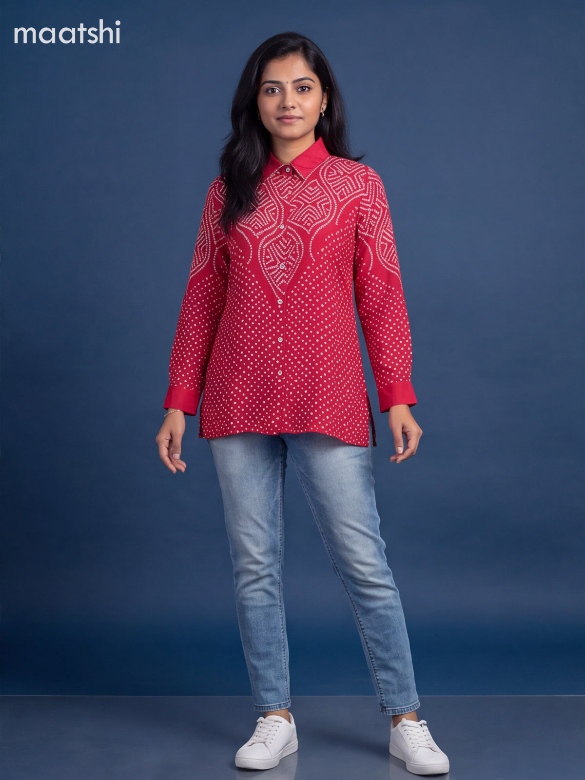 Reddish Pink Crepe Silk With Bandhani Printed Women Shirt