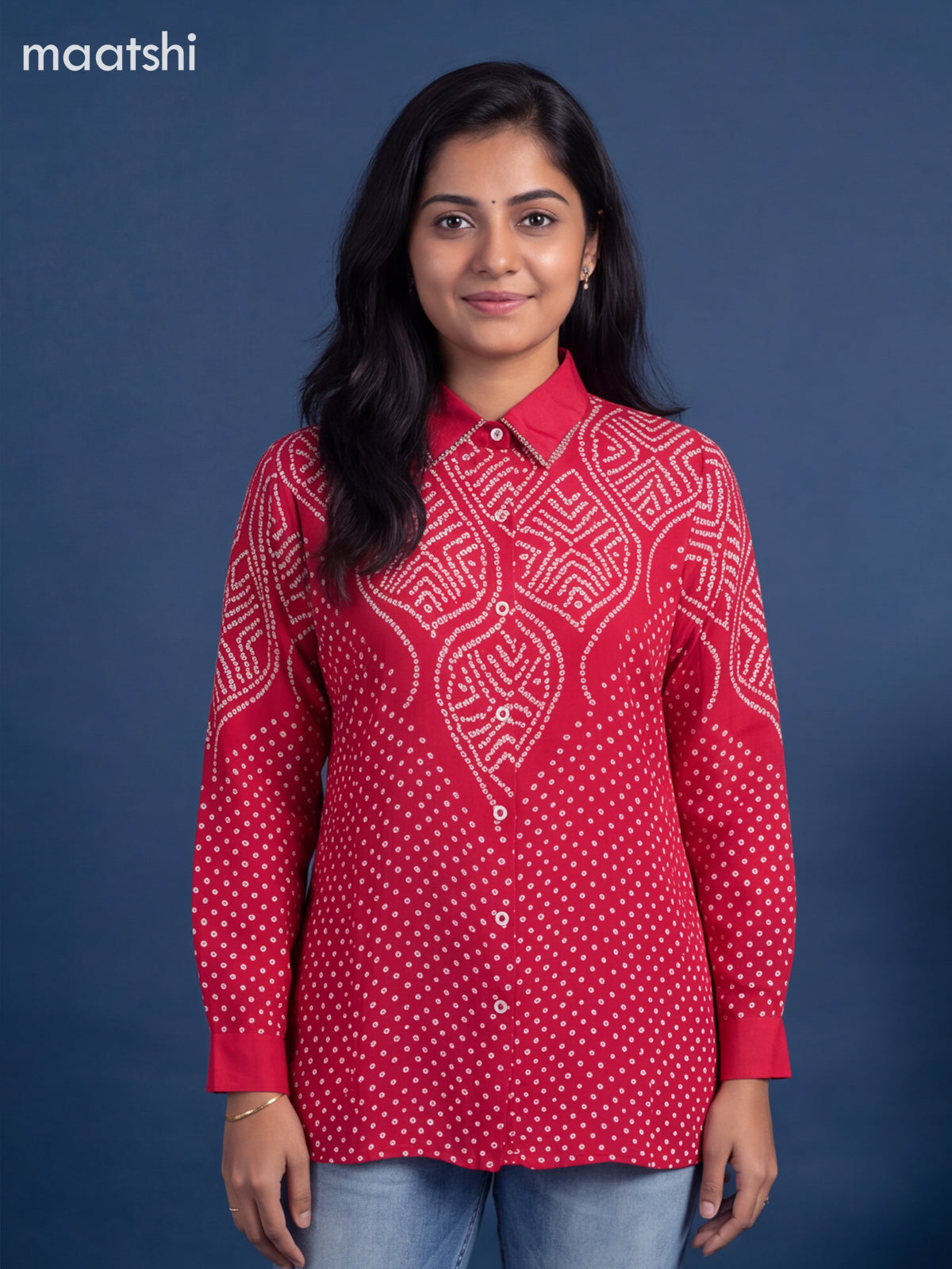 Reddish Pink Crepe Silk With Bandhani Printed Women Shirt