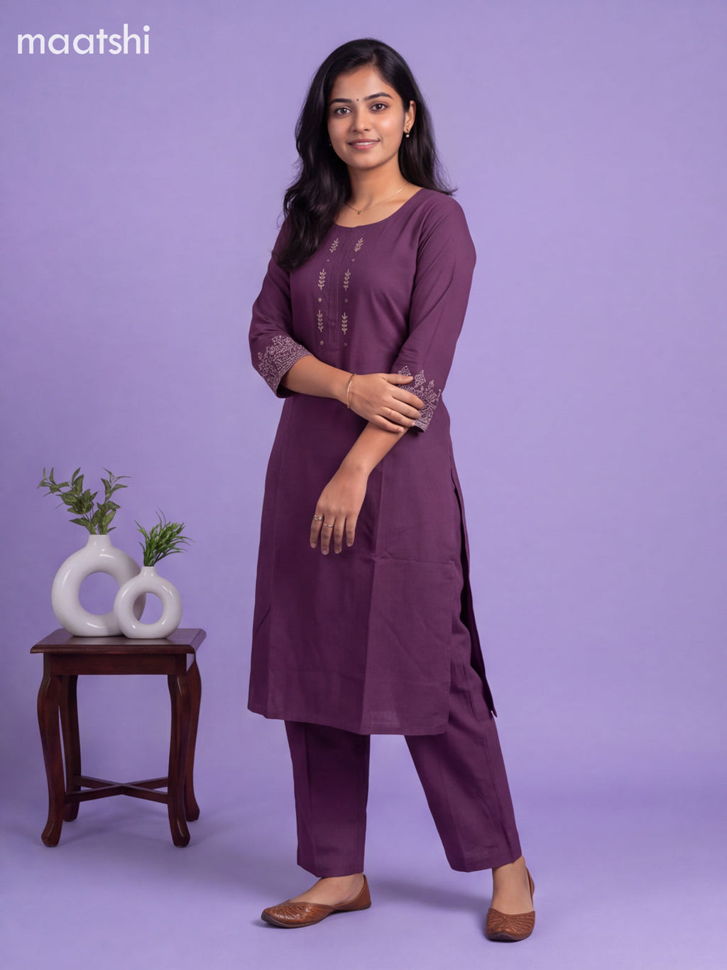 Dark Purple Cotton Embroidery Work Kurti Set