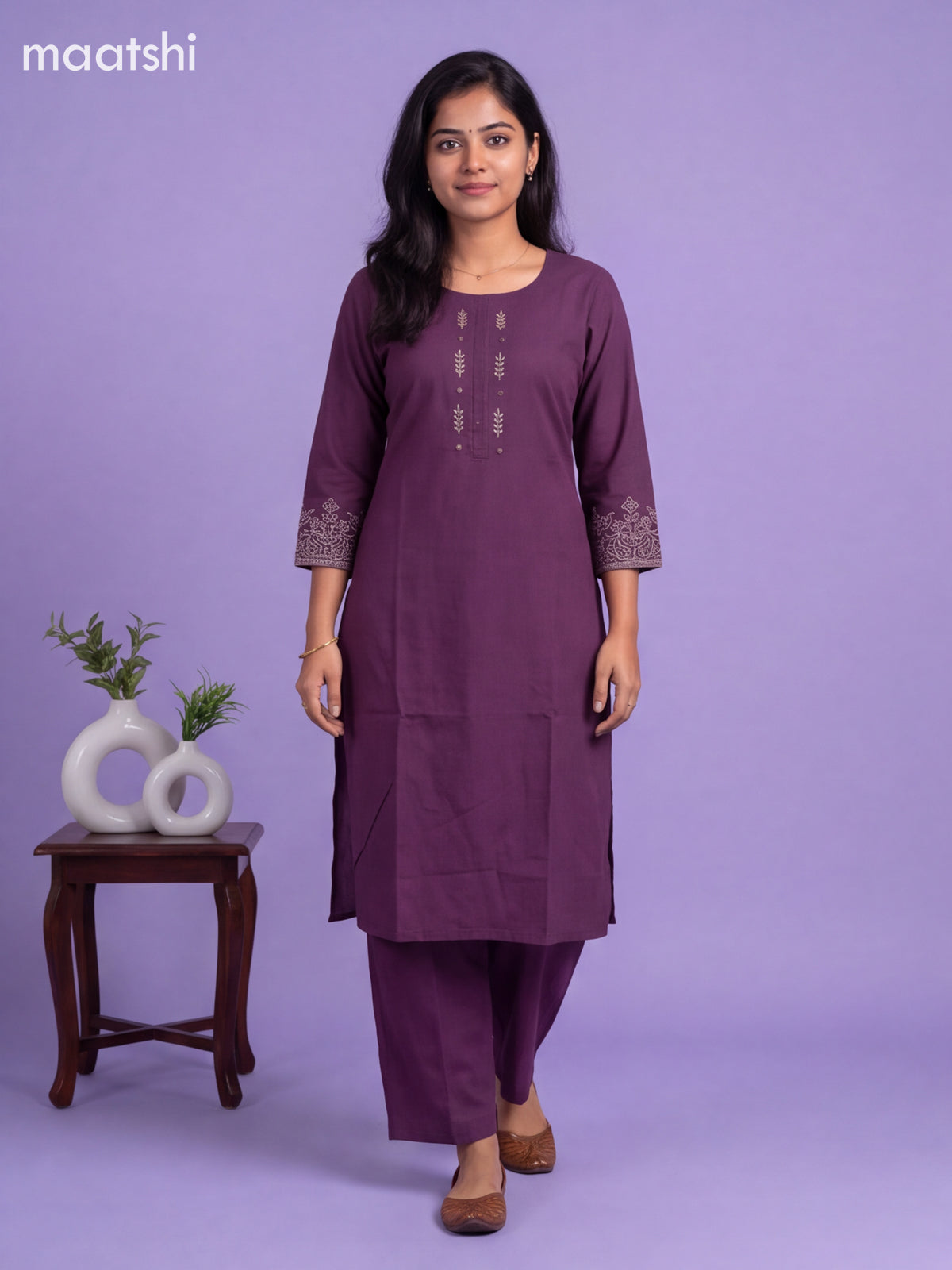 Dark Purple Cotton Embroidery Work Kurti Set