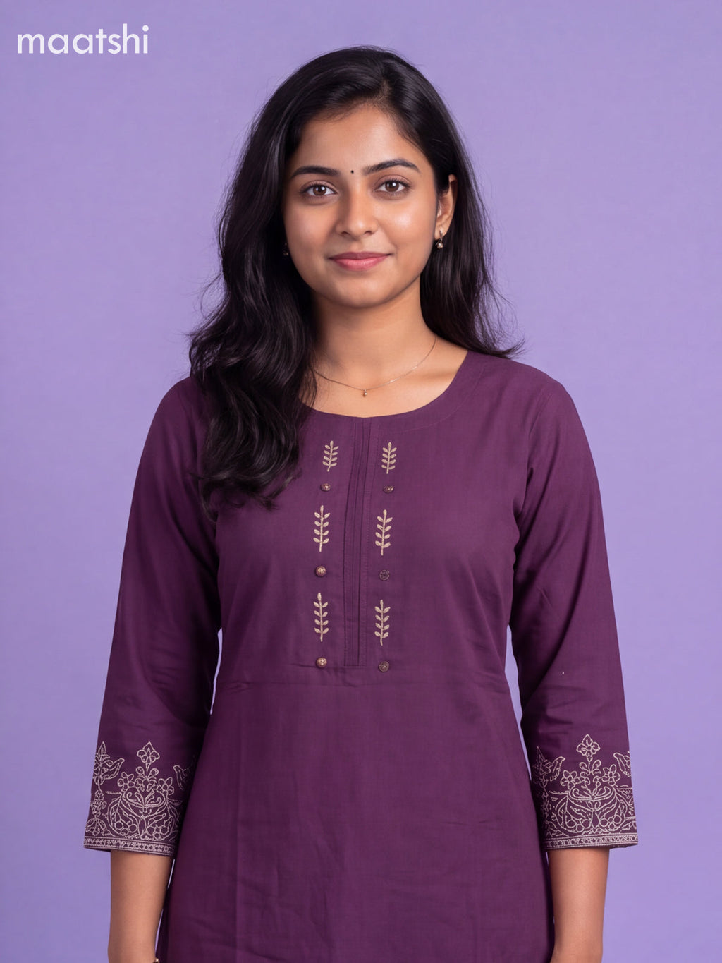 Dark Purple Cotton Embroidery Work Kurti Set