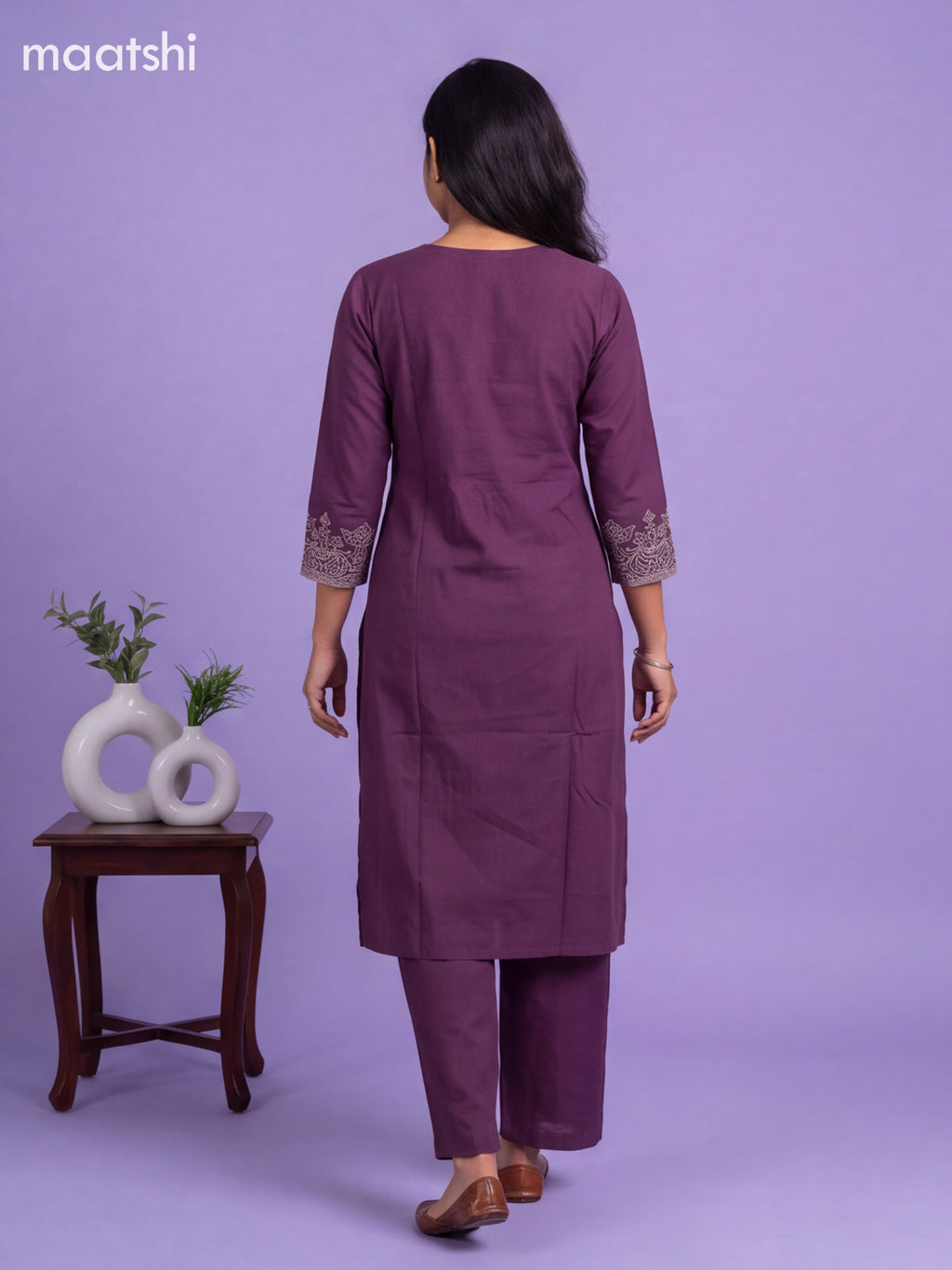 Dark Purple Cotton Embroidery Work Kurti Set
