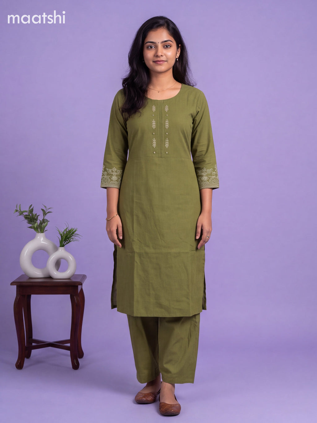 Green Cotton Embroidery Work Kurti Set
