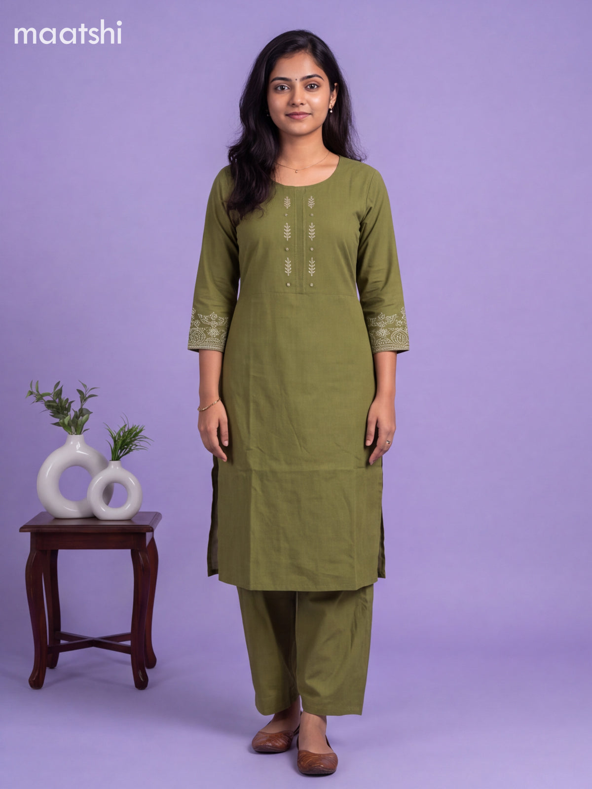 Green Cotton Embroidery Work Kurti Set