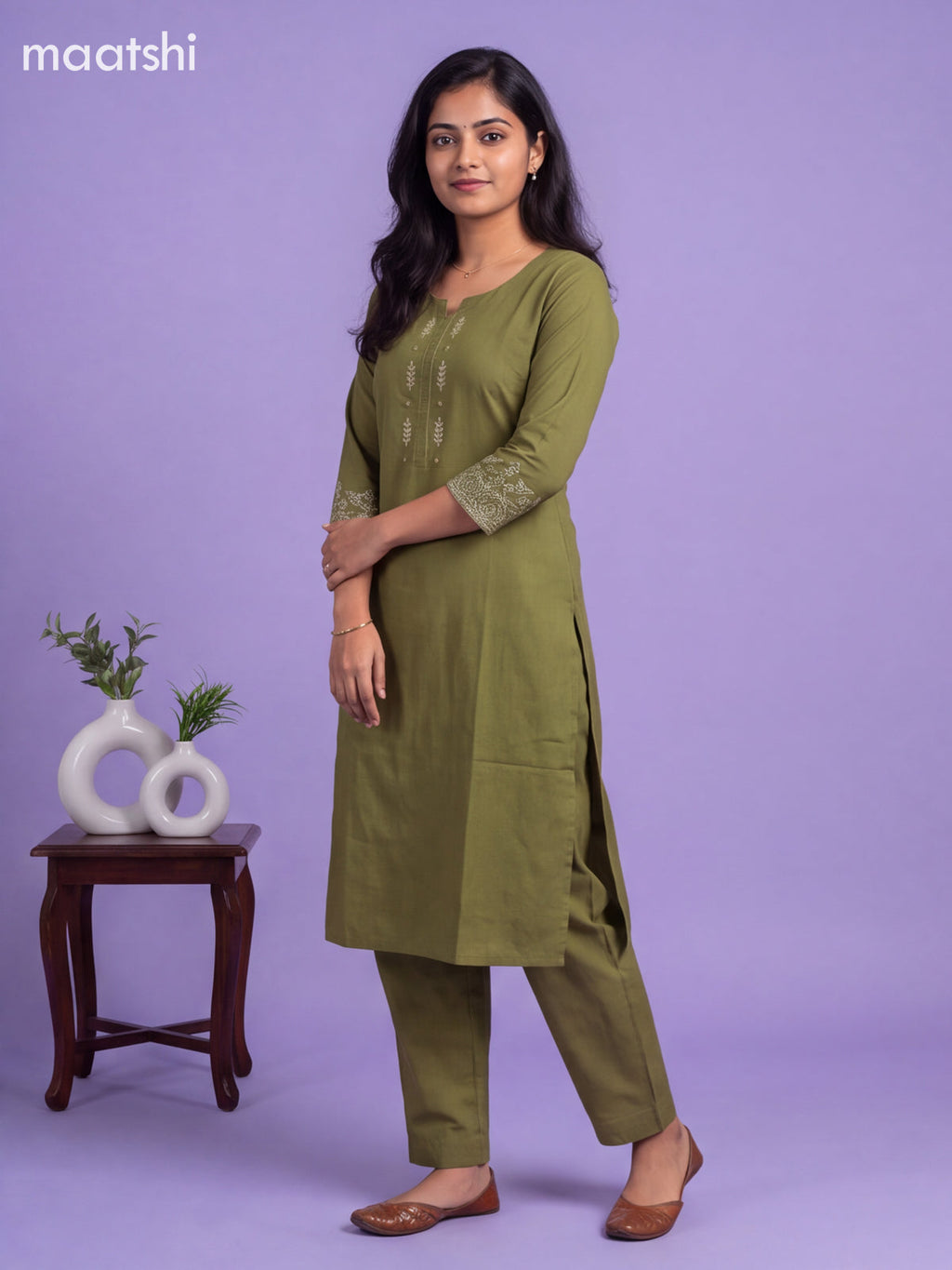 Green Cotton Embroidery Work Kurti Set