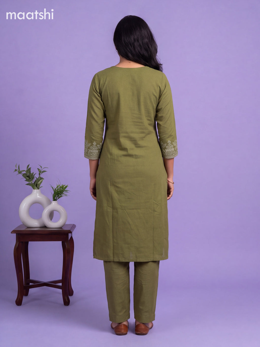 Green Cotton Embroidery Work Kurti Set