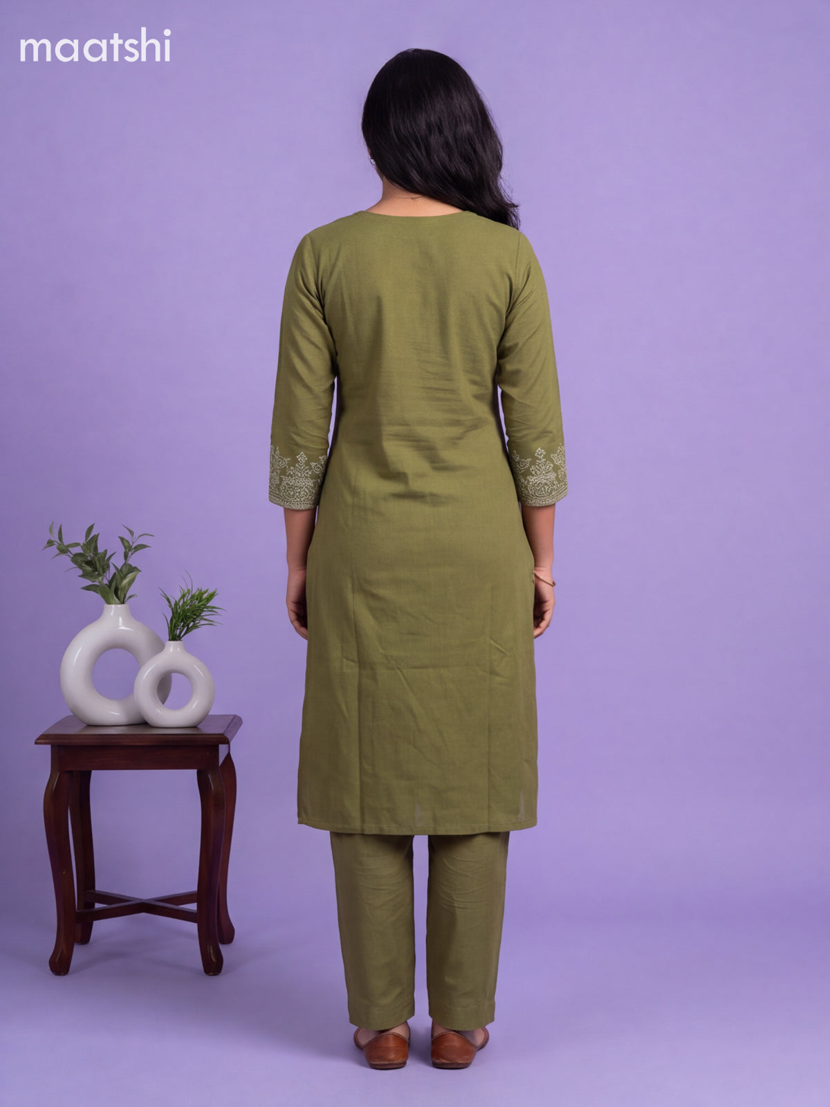 Green Cotton Embroidery Work Kurti Set
