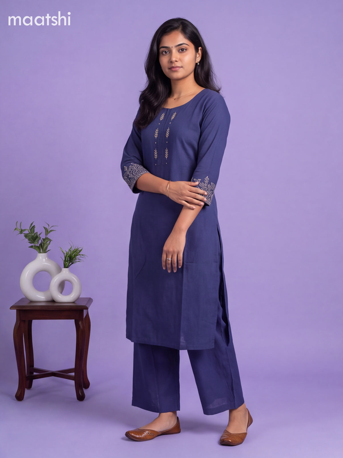 Dark Blue Cotton Embroidery Work Kurti Set