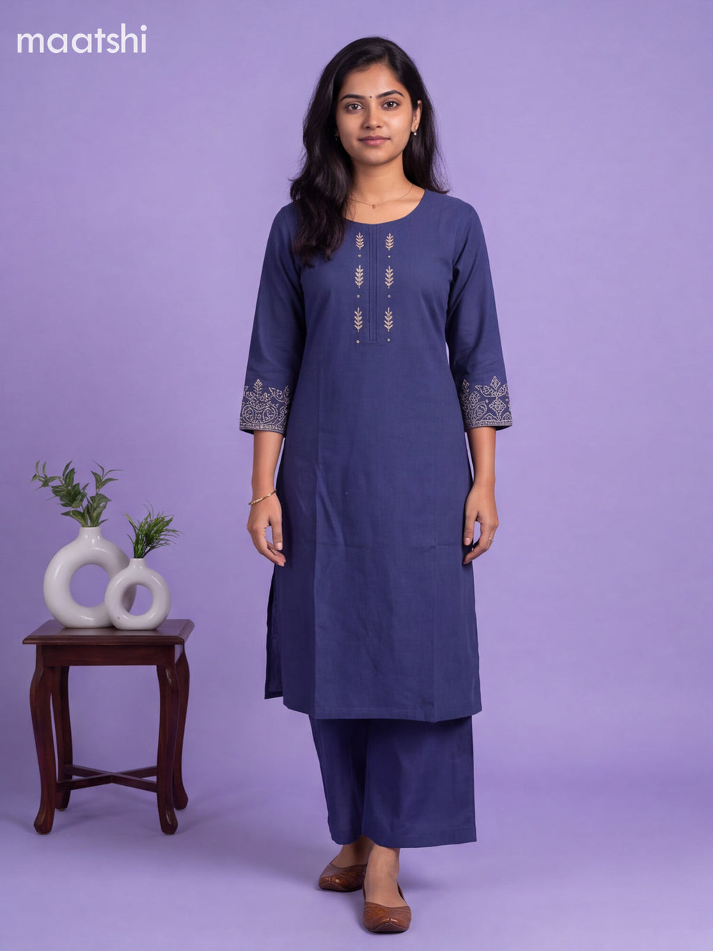 Dark Blue Cotton Embroidery Work Kurti Set