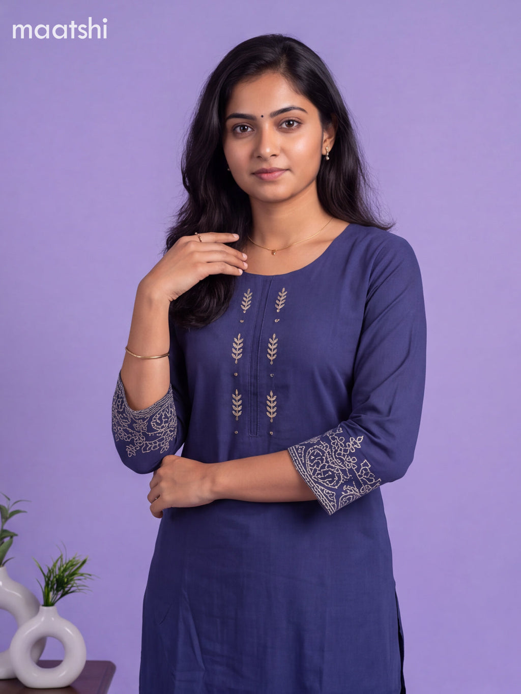 Dark Blue Cotton Embroidery Work Kurti Set