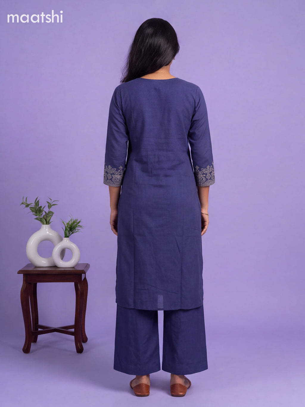 Dark Blue Cotton Embroidery Work Kurti Set