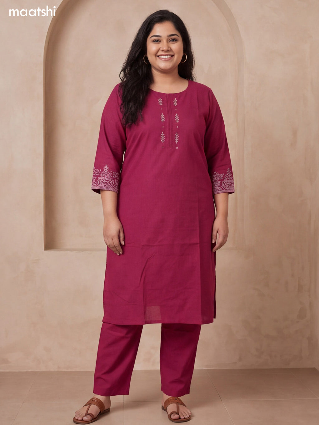 Magenta Pink Cotton Embroidery Work Kurti Set
