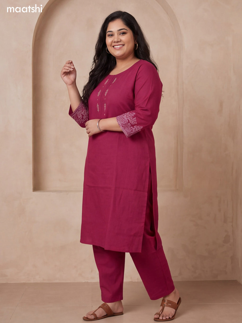 Magenta Pink Cotton Embroidery Work Kurti Set