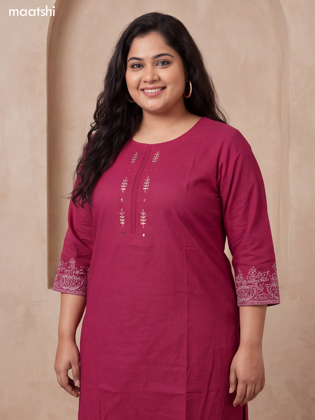 Magenta Pink Cotton Embroidery Work Kurti Set