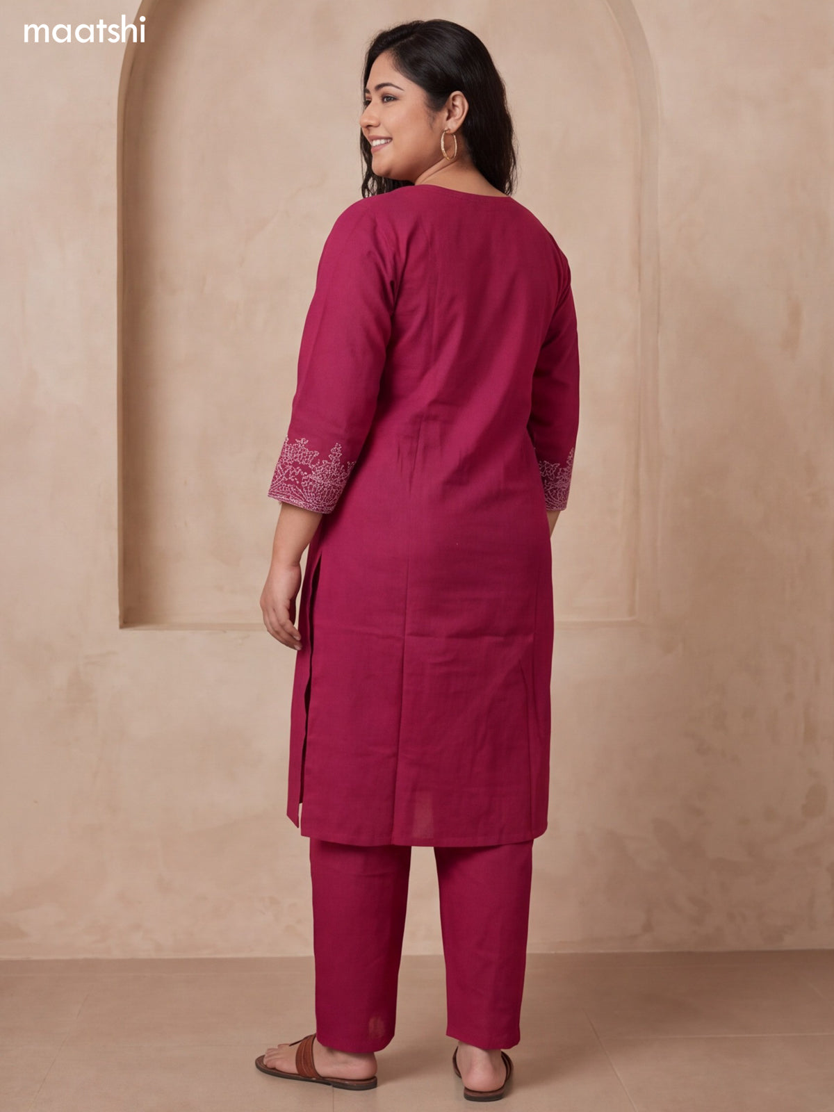 Magenta Pink Cotton Embroidery Work Kurti Set