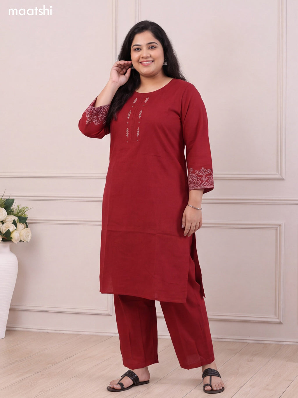 Maroon Cotton Embroidery Work Kurti Set