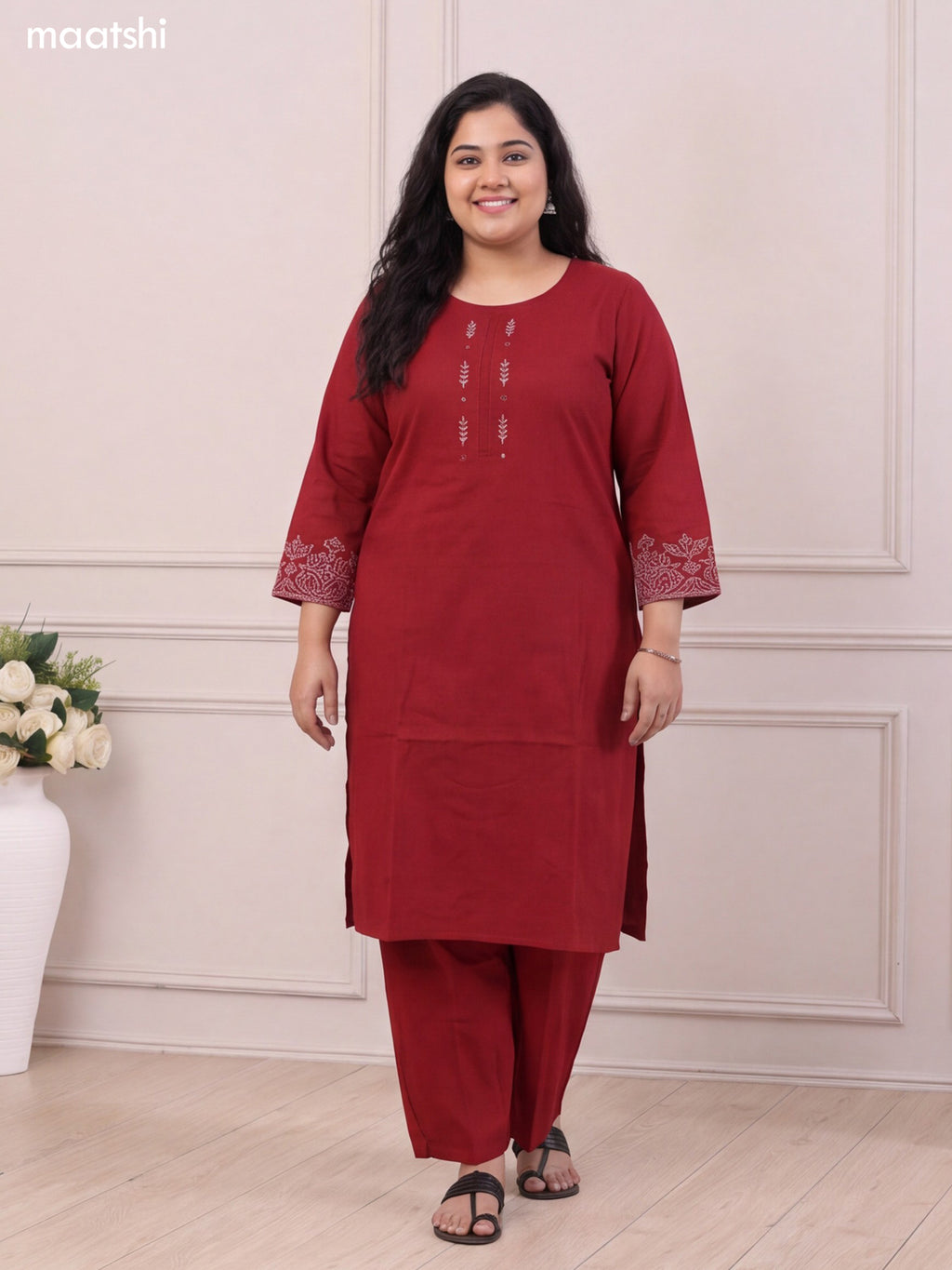 Maroon Cotton Embroidery Work Kurti Set
