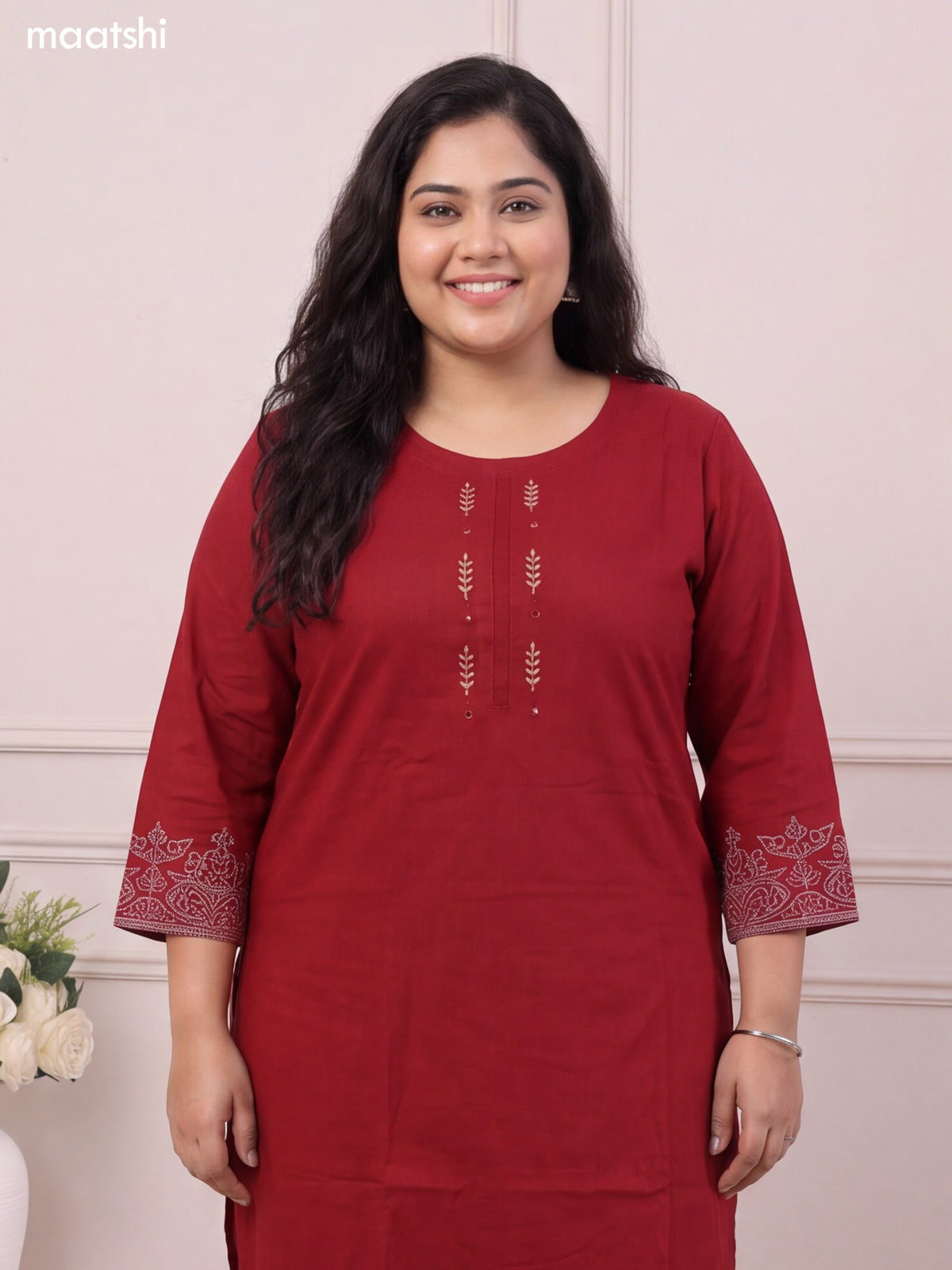 Maroon Cotton Embroidery Work Kurti Set