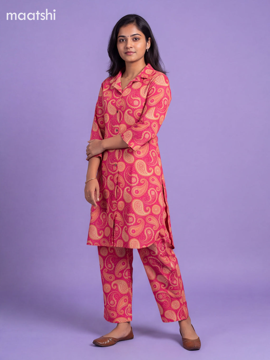 Dark Pink Cotton Floral Printed Long Co-Ord Set
