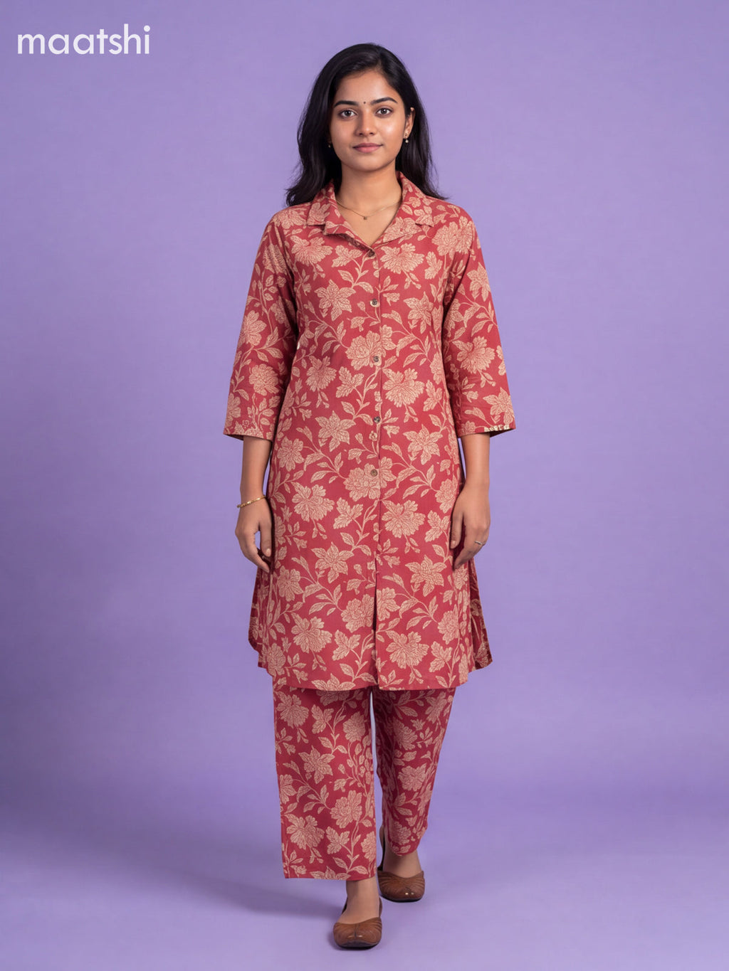 Rustic Maroon Cotton Floral Printed Long Co-Ord Set