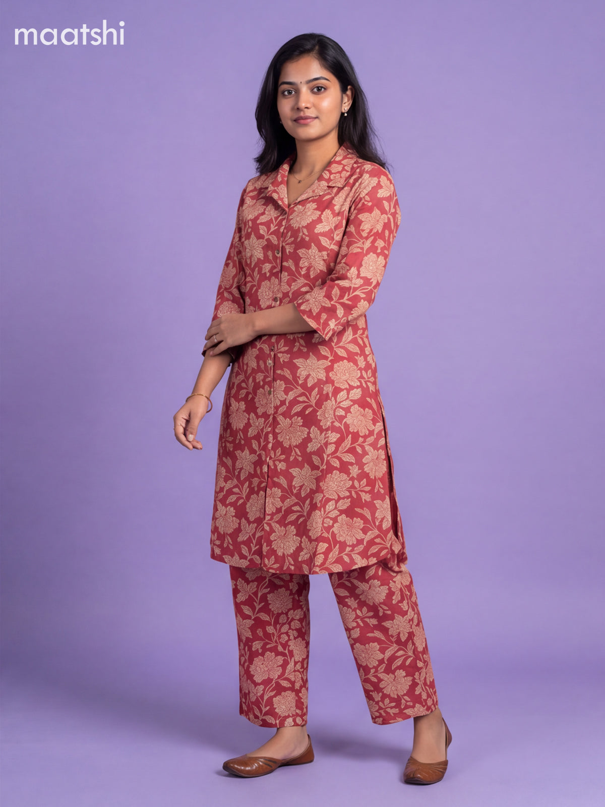 Rustic Maroon Cotton Floral Printed Long Co-Ord Set