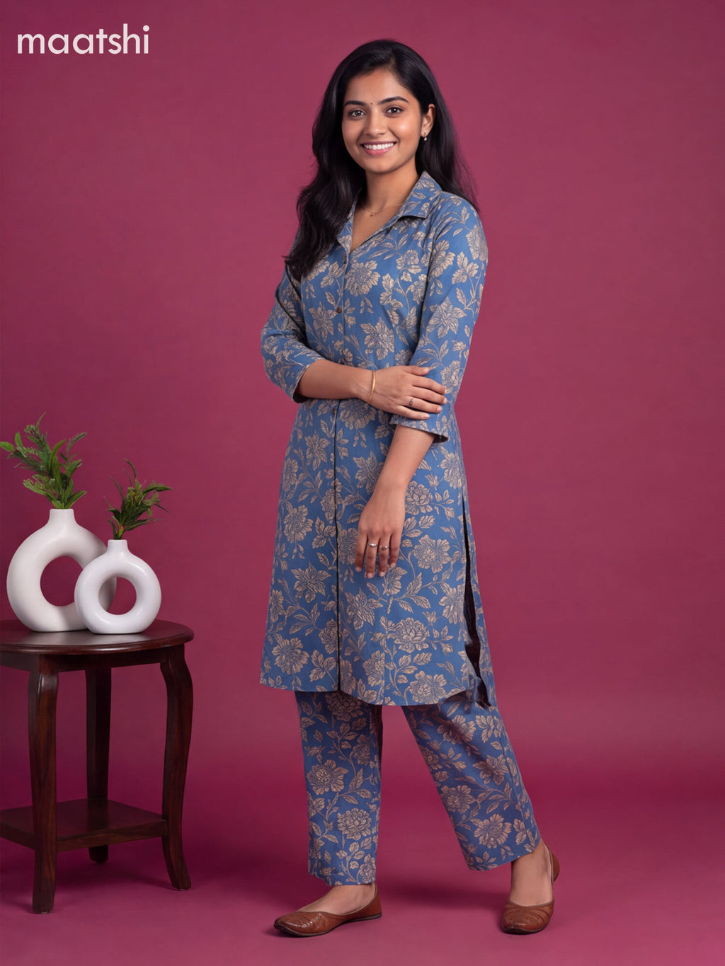Blue Cotton Floral Printed Long Co-Ord Set
