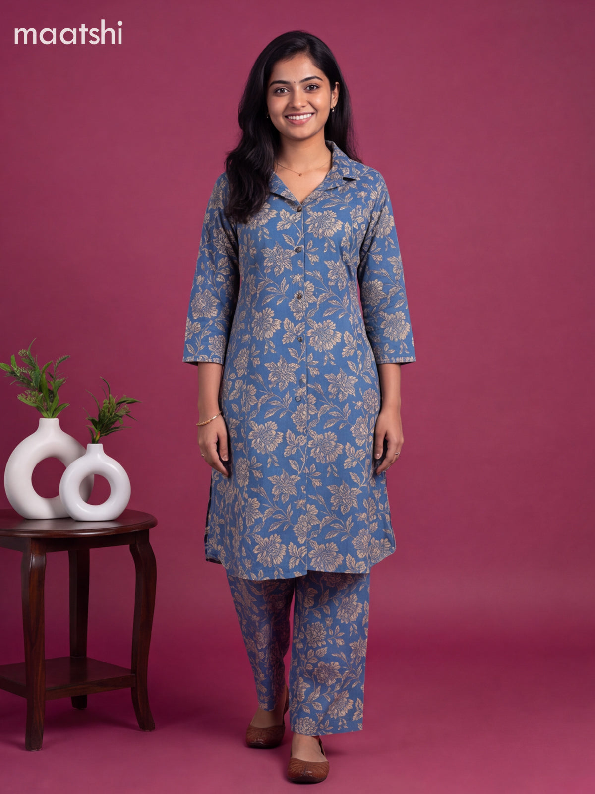 Blue Cotton Floral Printed Long Co-Ord Set