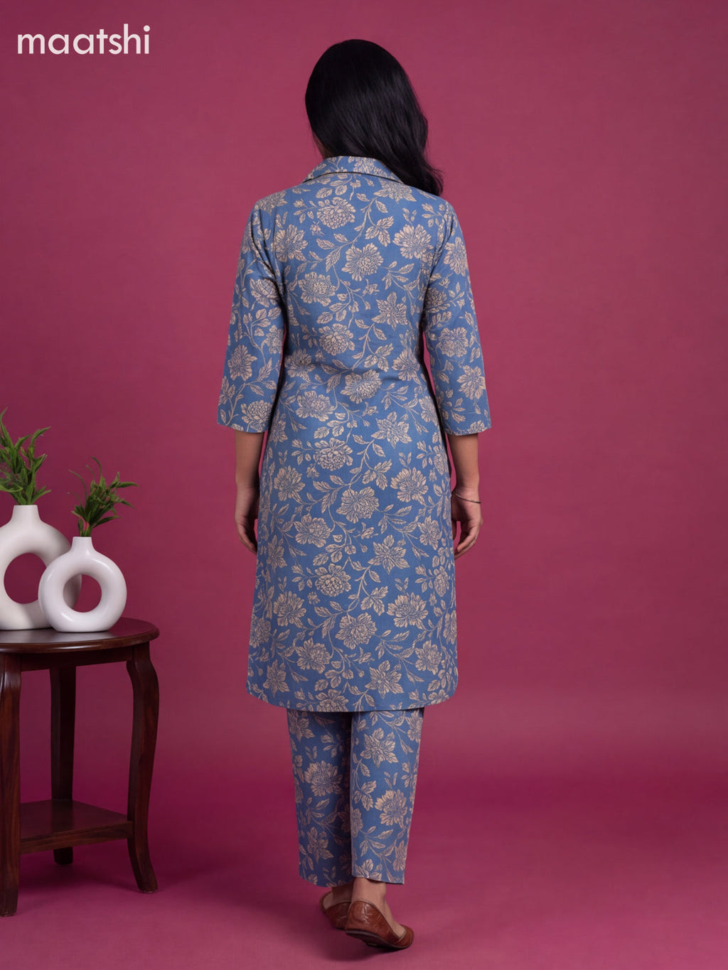 Blue Cotton Floral Printed Long Co-Ord Set