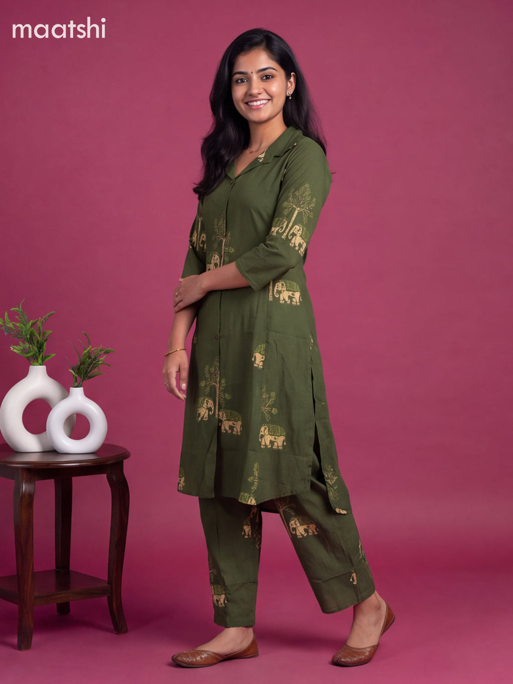 Green Cotton Floral Printed Long Co-Ord Set