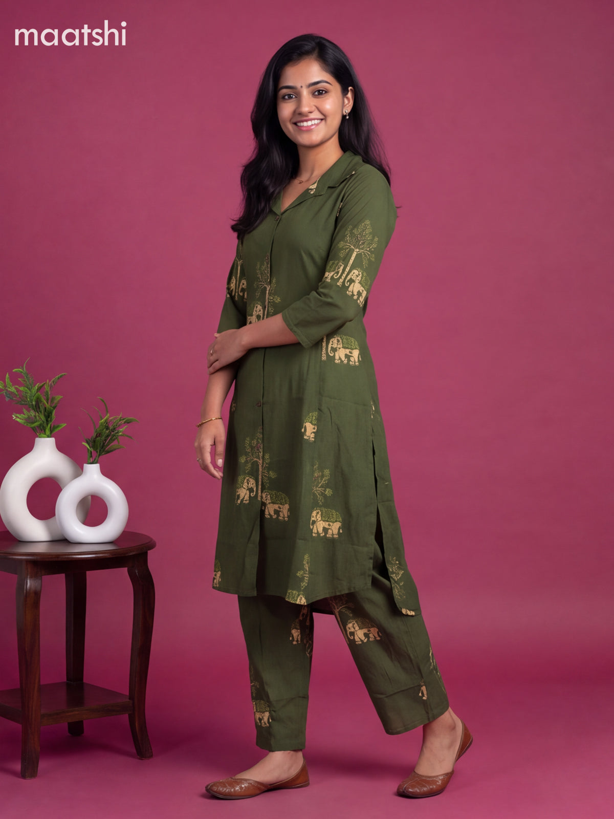 Green Cotton Floral Printed Long Co-Ord Set
