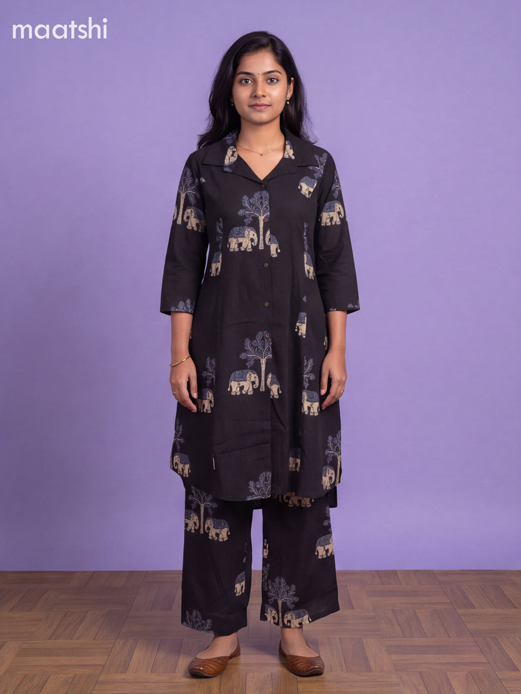 Dark Blue Cotton Floral Printed Long Co-Ord Set