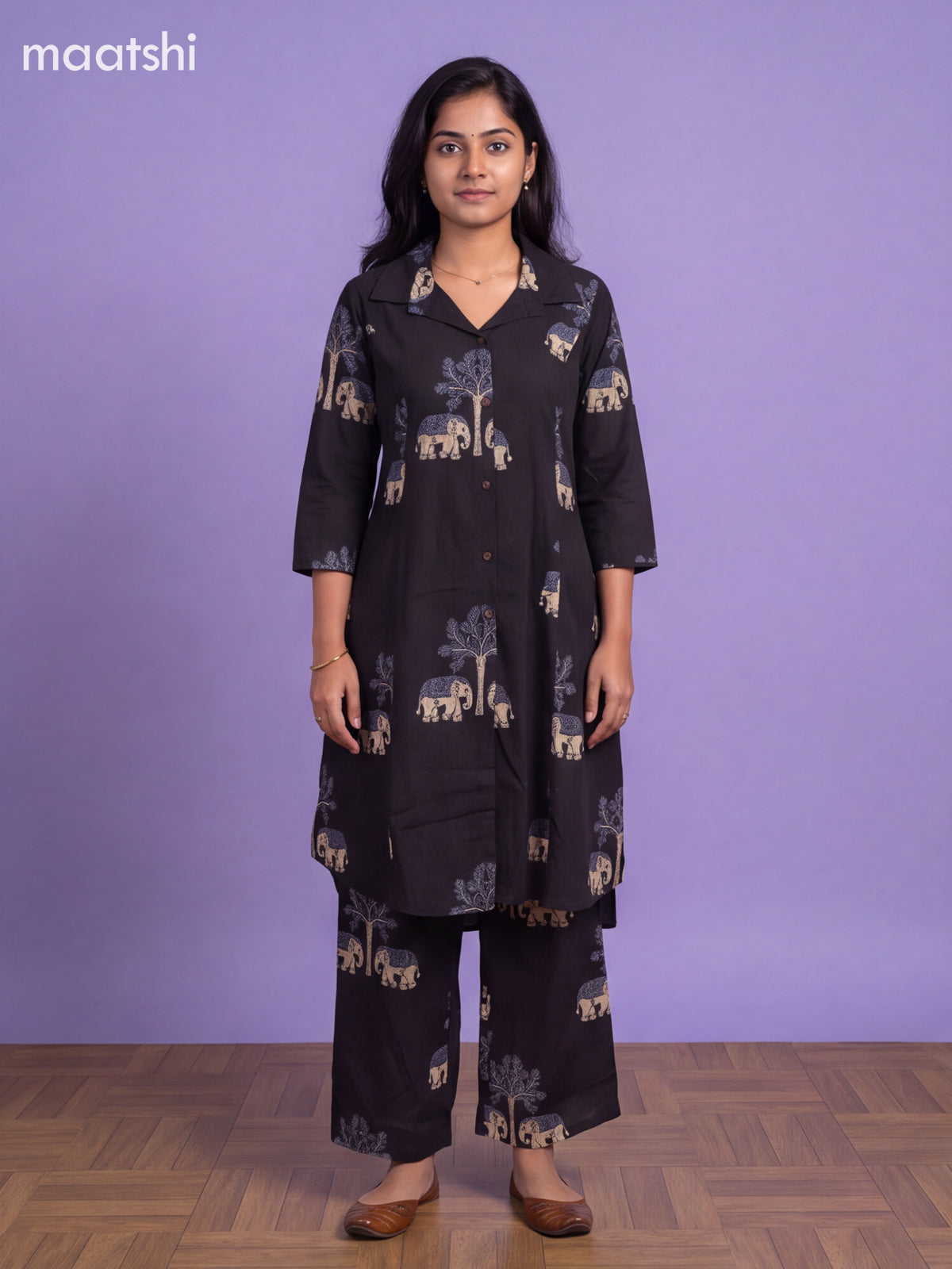 Dark Blue Cotton Floral Printed Long Co-Ord Set