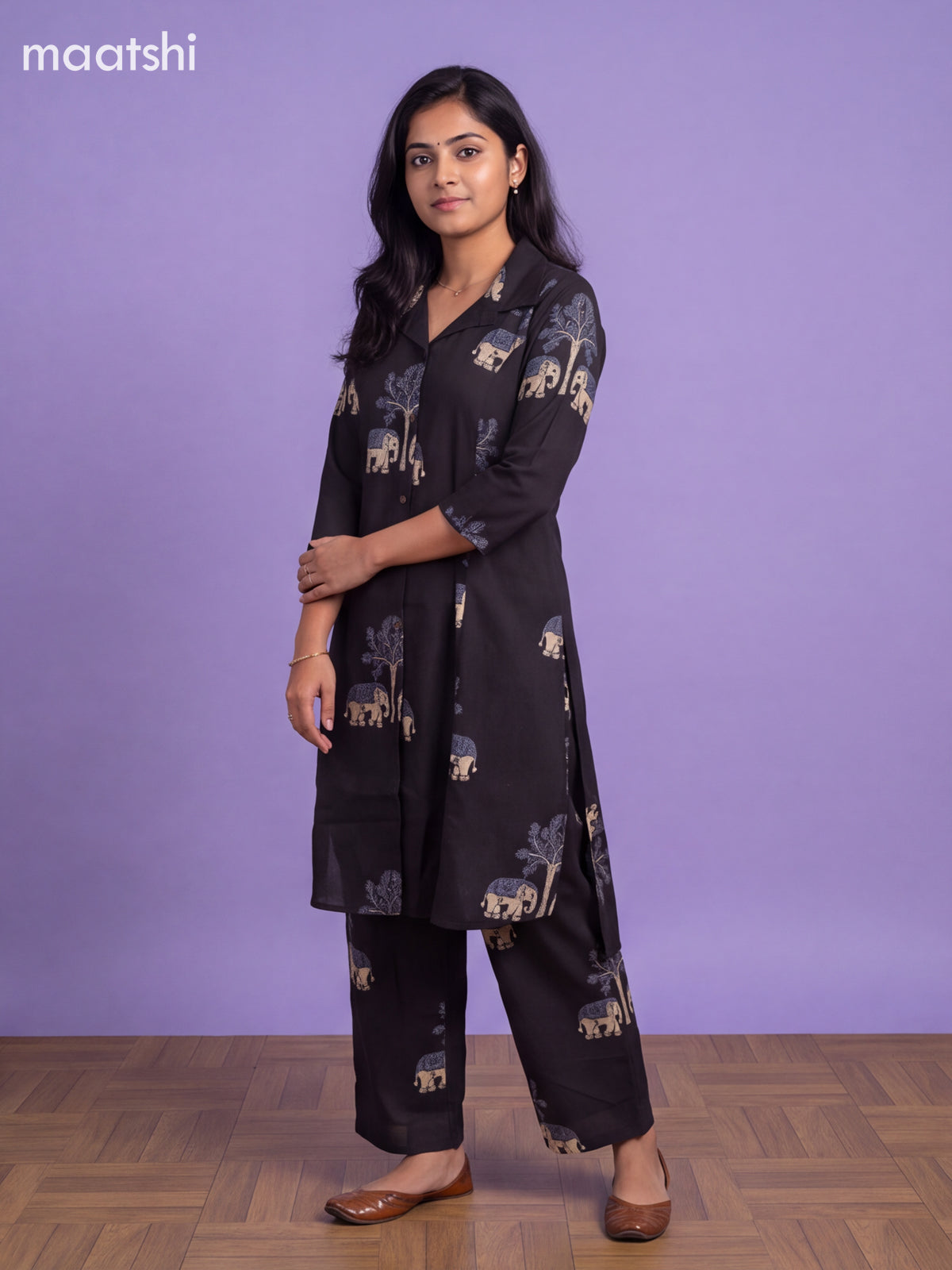 Dark Blue Cotton Floral Printed Long Co-Ord Set