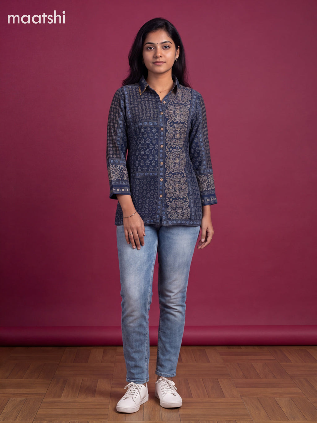 Dark Blue Crepe Silk Ajrakh Women Shirt