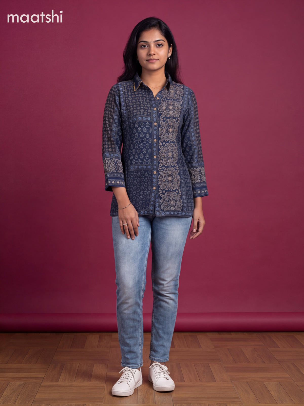 Dark Blue Crepe Silk Ajrakh Women Shirt