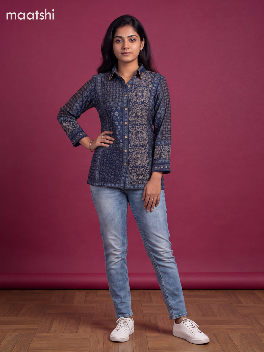 Dark Blue Crepe Silk Ajrakh Women Shirt