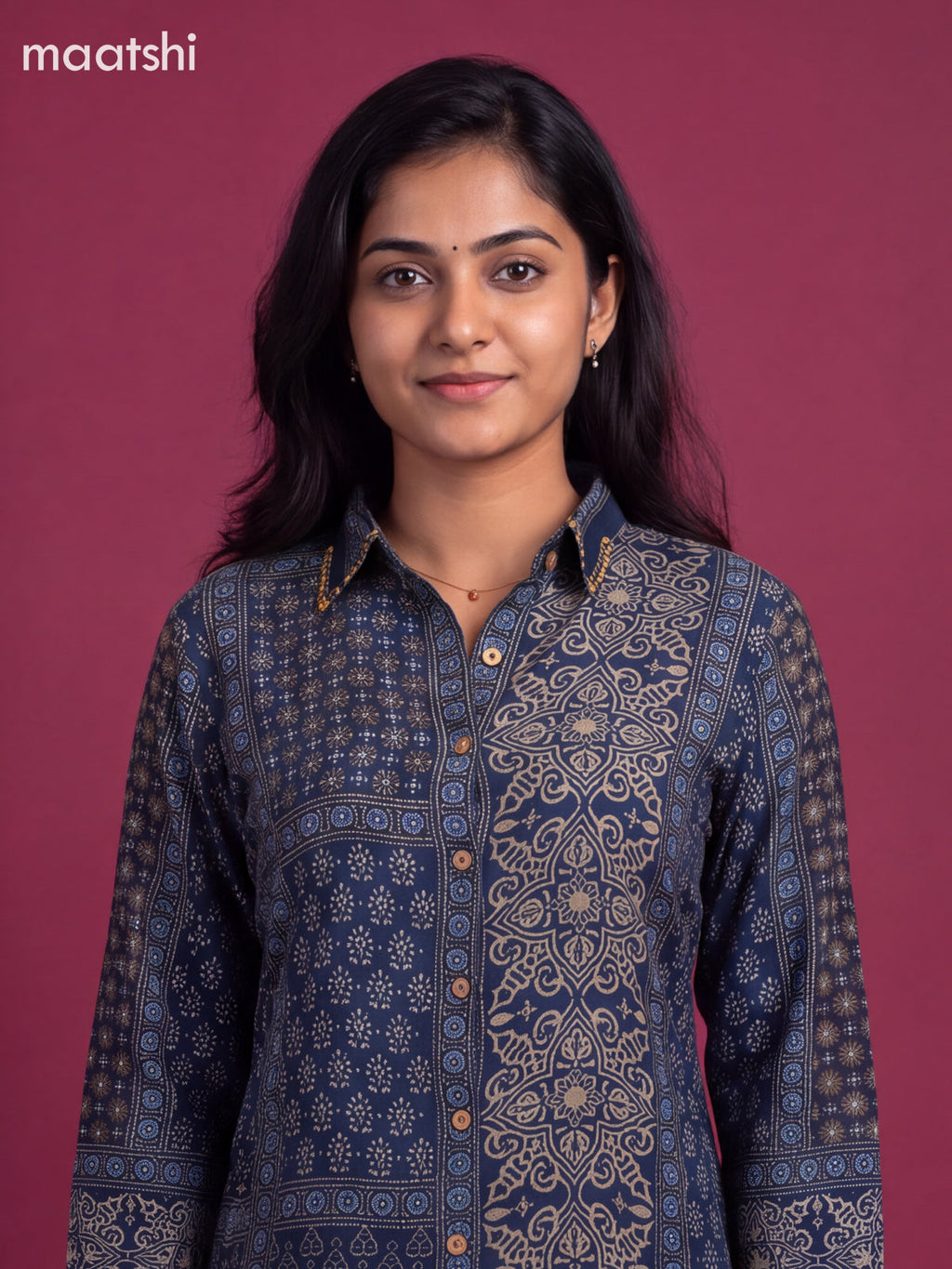 Dark Blue Crepe Silk Ajrakh Women Shirt