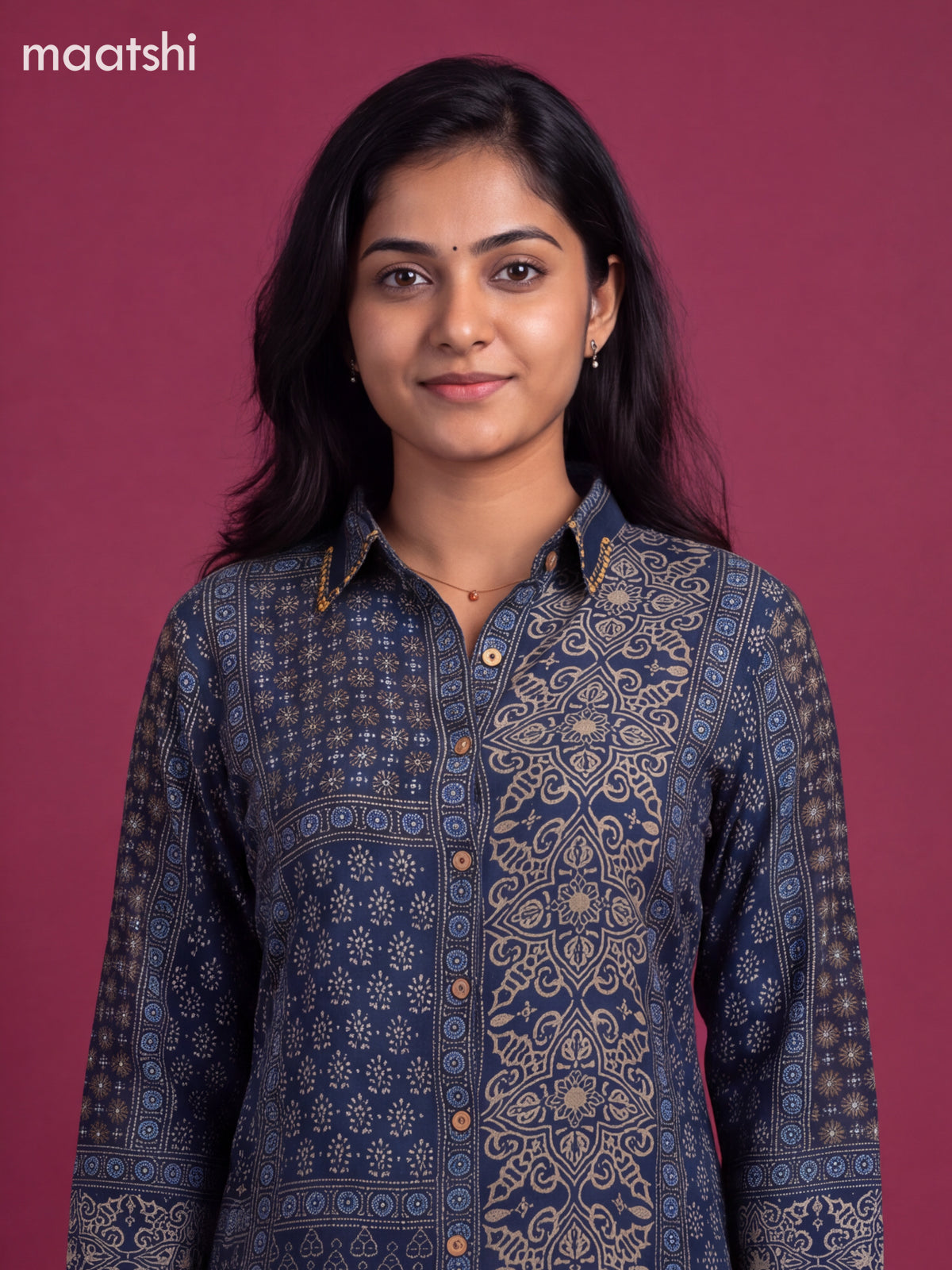 Dark Blue Crepe Silk Ajrakh Women Shirt
