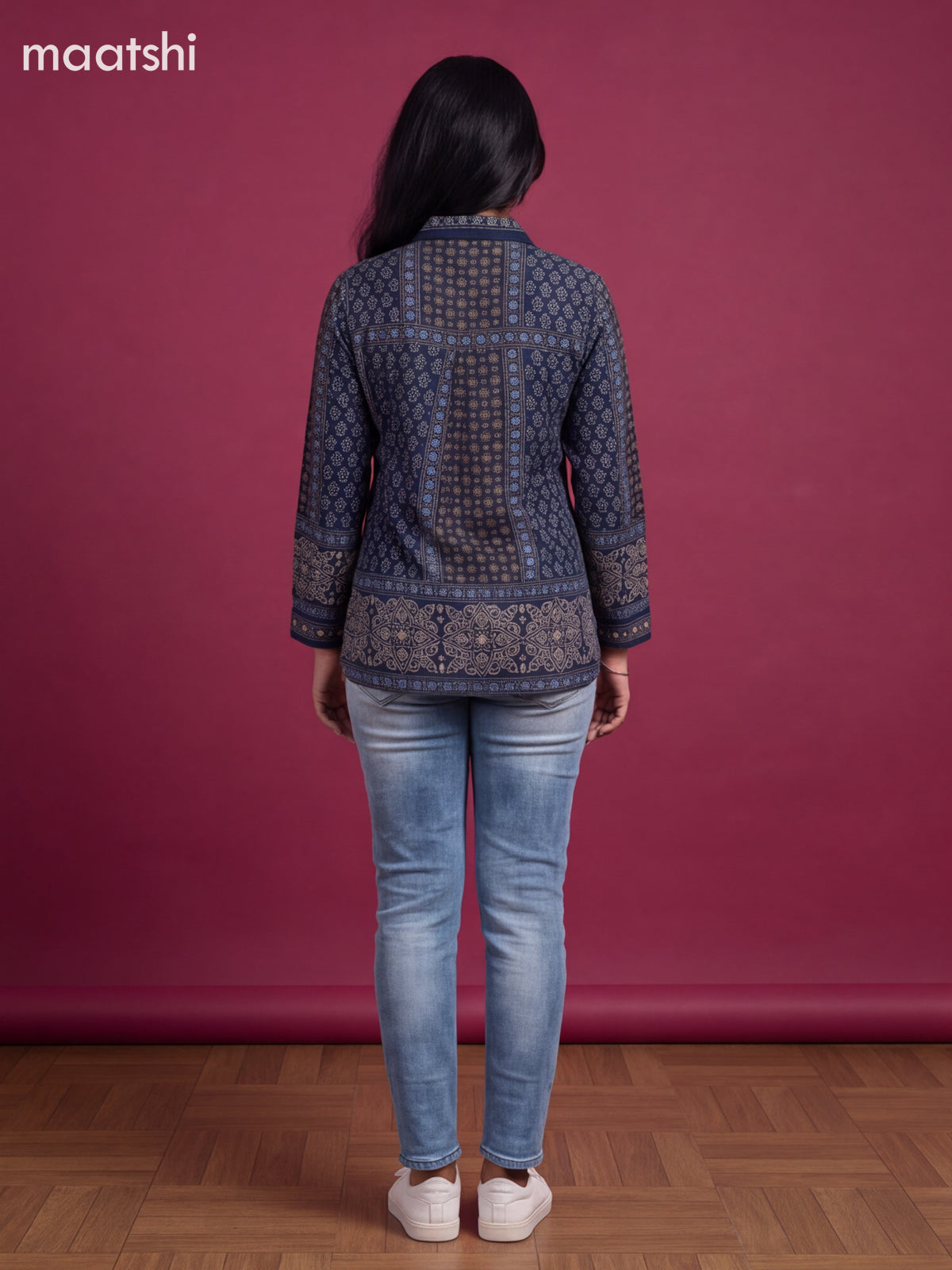Dark Blue Crepe Silk Ajrakh Women Shirt