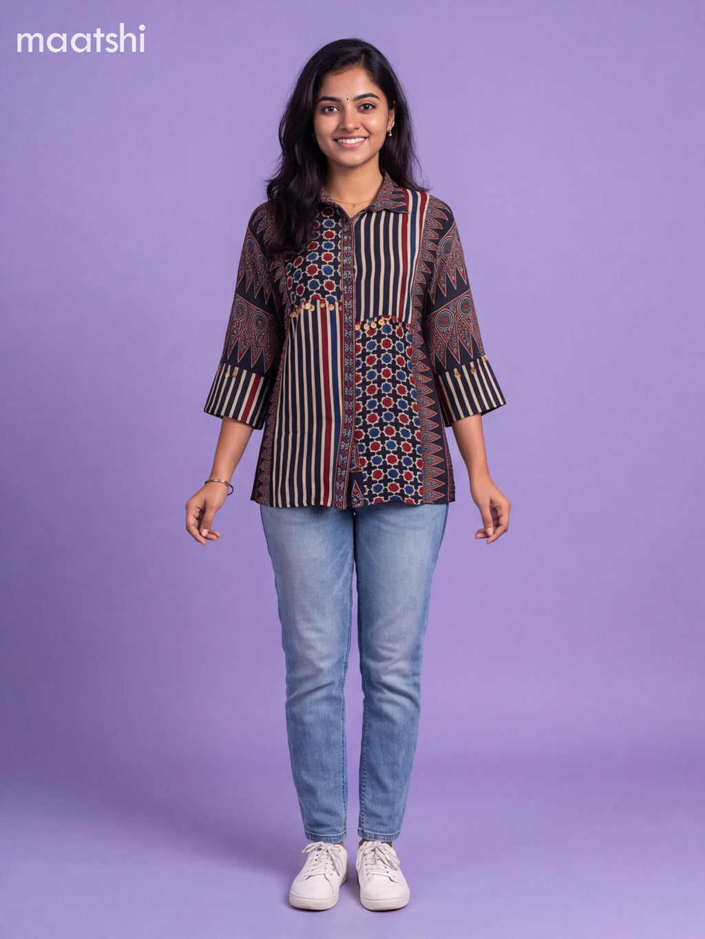 Black Crepe Silk Ajrakh Women Shirt
