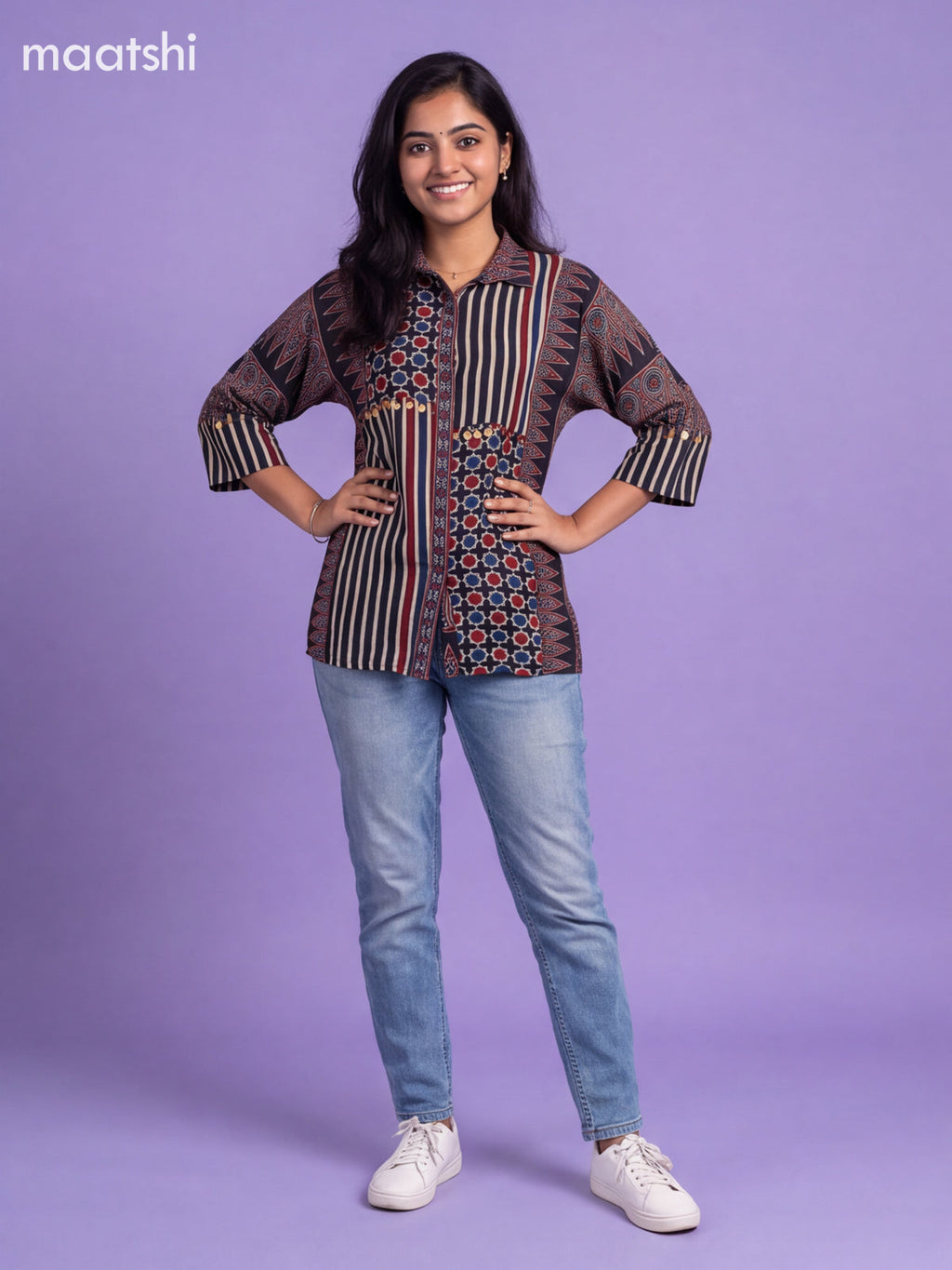 Black Crepe Silk Ajrakh Women Shirt