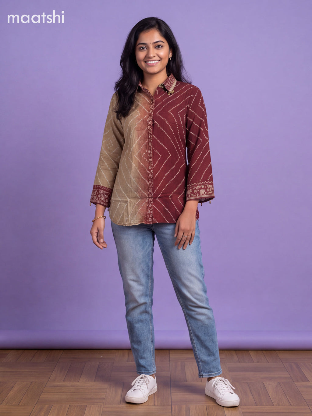 Maroon and Beige Crepe Silk Bandhani Printed Women Shirt