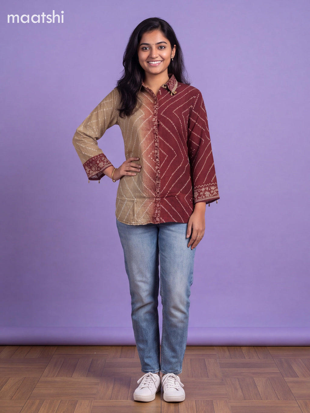 Maroon and Beige Crepe Silk Bandhani Printed Women Shirt