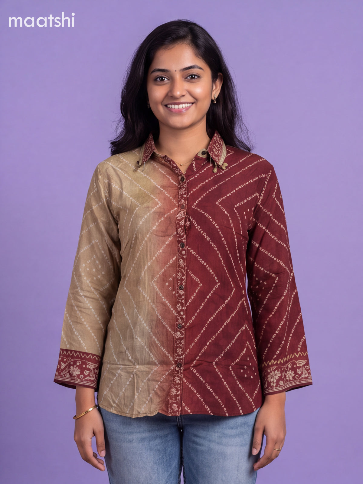 Maroon and Beige Crepe Silk Bandhani Printed Women Shirt