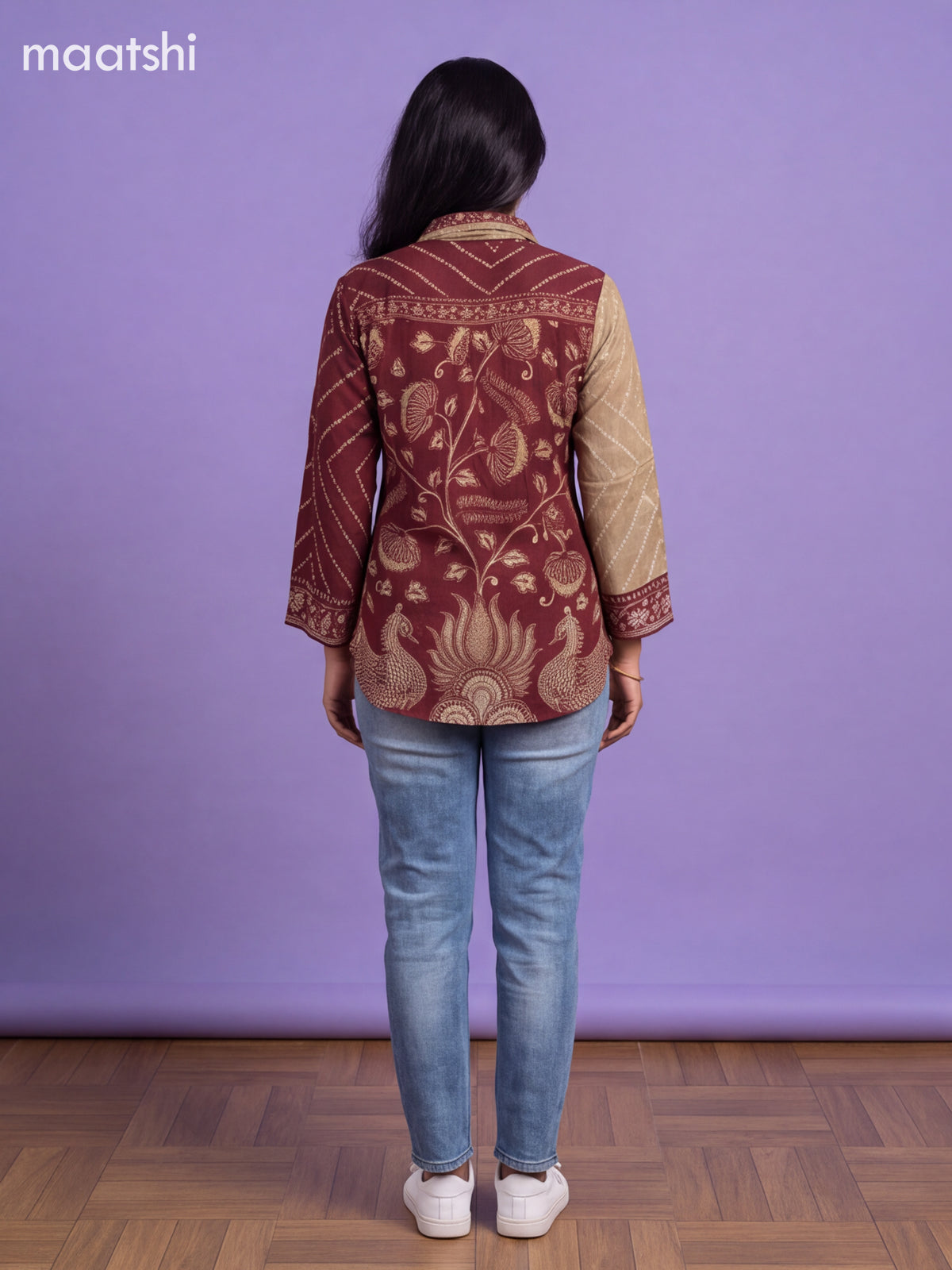 Maroon and Beige Crepe Silk Bandhani Printed Women Shirt