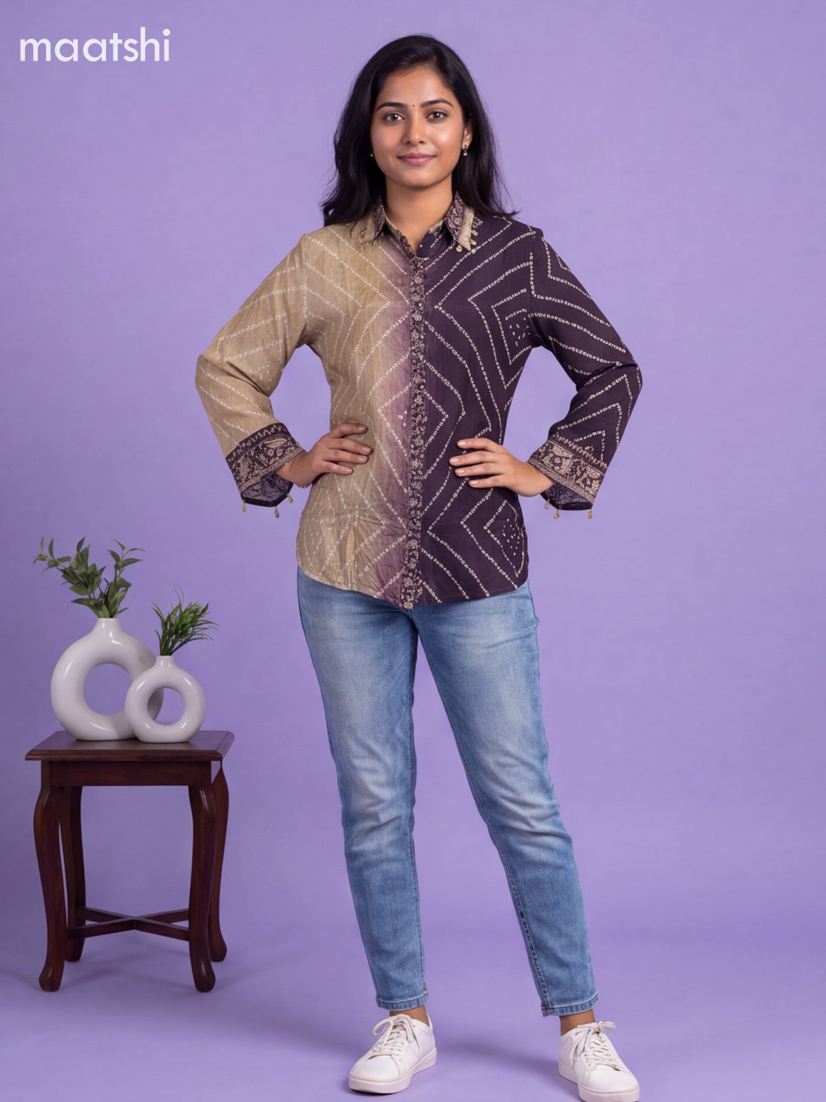 Dark Purple and Beige Crepe Silk Bandhani Printed Women Shirt